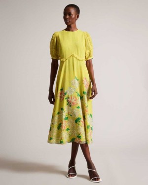 Medium Yellow Ted Baker Carinnn Puff Sleeve Midi Tea Dresses | US0000144