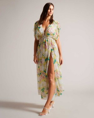 Medium Yellow Ted Baker Laciey Maxi Cover Up With Plunge Neck | US0000831