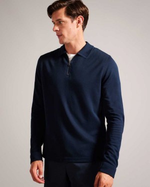 Navy Blue Ted Baker Karpol Long Sleeve Modal Polo Shirt | US0000513