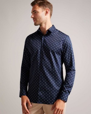 Navy Ted Baker Ardea Long Sleeve Geometric Print Shirt | US0000574