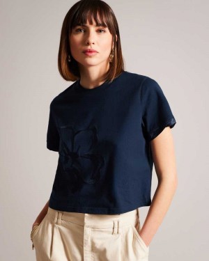 Navy Ted Baker Carmyn Roll Sleeve Tee With Satin Stitch Magnolia | US0000939