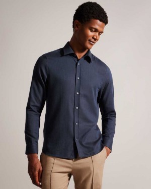 Navy Ted Baker Crotone Long Sleeve Herringbone Shirt | US0000575