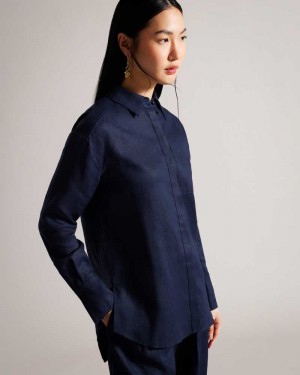 Navy Ted Baker Dorahh Longline Linen Shirt | US0000790