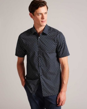 Navy Ted Baker Forter Short Sleeve Geometric Print Shirt | US0000581