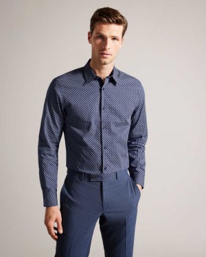 Navy Ted Baker Geopls Geometric Print Long Sleeve Cotton Shirt | US0000639