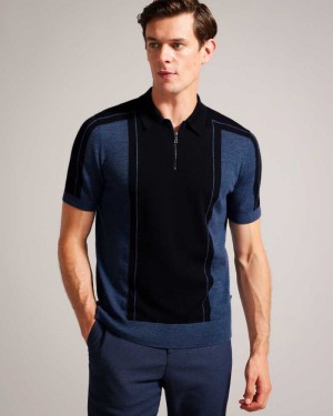 Navy Ted Baker Jesty Short Sleeve Wool Zip Polo Shirt | US0000536