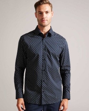 Navy Ted Baker Lorter Long Sleeve Geometric Print Shirt | US0000660