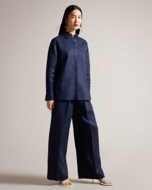 Navy Ted Baker Lucihh Tailored Linen Wide Leg Trousers | US0001118