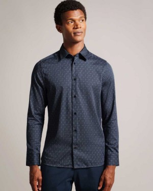 Navy Ted Baker Pavia Long Sleeve Geometric Star Print Shirt | US0000572