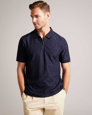 Navy Ted Baker Polenn Tulip Textured Zip Polo Shirt | US0000489