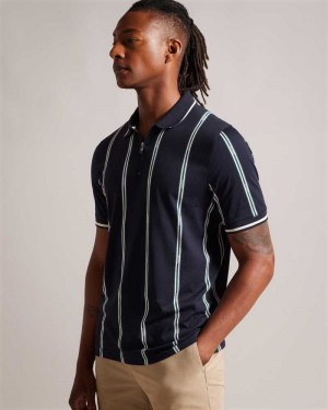 Navy Ted Baker Sisons Short Sleeve Zip Polo With Striped Branding | US0000487