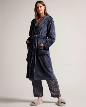 Navy Ted Baker Slepsal Long Plush Hooded Dressing Gown | US0000468