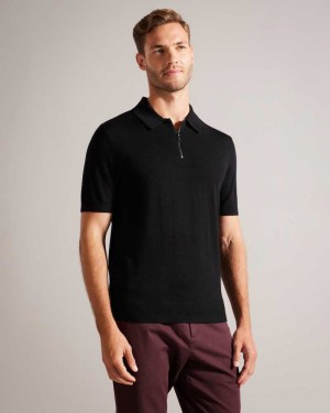 Navy Ted Baker Tohall Short Sleeve Merino Wool Zip Polo Shirt | US0000538