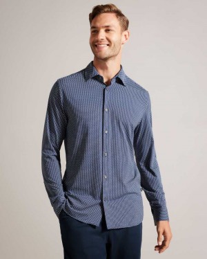 Navy Ted Baker Velino Long Sleeve Bi-Stretch Geometric Shirt | US0000620