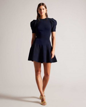 Navy Ted Baker Velvey Puff Sleeve Dresses With Engineered Skirt | US0000147