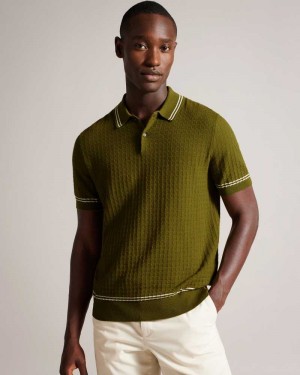 Olive Ted Baker Maytain Short Sleeve Textured Polo Shirt | US0000507