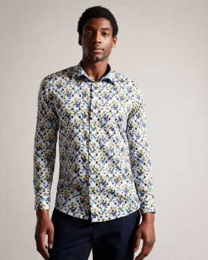 Pale Blue Ted Baker Arigna Long Sleeve Magnolia Print Shirt | US0000608