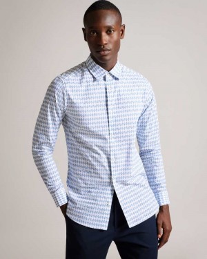 Pale Blue Ted Baker Dibbin Long Sleeve Geometric Leaf Print Shirt | US0000573