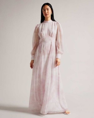 Pink Ted Baker Huron Long Sleeve Maxi Dresses With Blouson Sleeve | US0000057