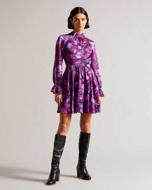 Purple Ted Baker Sammieh High Neck Fit And Flare Mini Dresses | US0000040