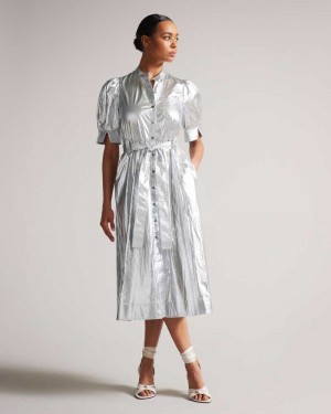 Silver Ted Baker Lygons Metallic Puff Sleeve Midi Dresses | US0000108