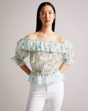 Sky Blue Ted Baker Trisia Off Shoulder Ruffled Daisy Blouse Blouse | US0001079