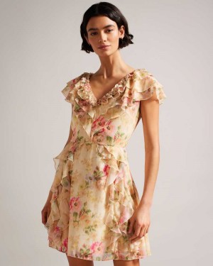 Tan Ted Baker Ammiah Frilled Floral V Neck Mini Dresses | US0000066