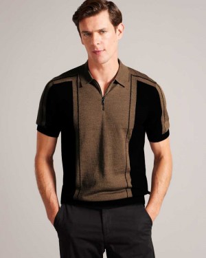 Tan Ted Baker Jesty Short Sleeve Wool Zip Polo Shirt | US0000477