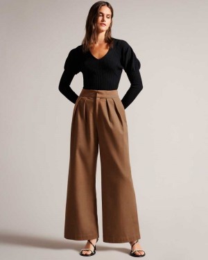 Tan Ted Baker Oaklia Pleated Wide Leg Trousers | US0001107