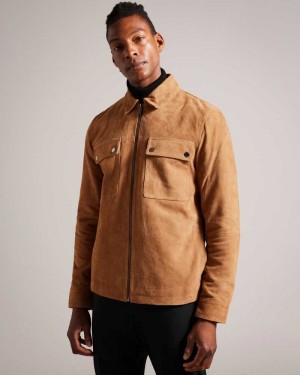 Tan Ted Baker Thierry Suede Zip Through Shacket Jackets | US0000257