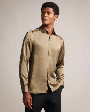 Taupe Ted Baker Corato Long Sleeve Lustrous Shirt | US0000652