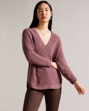 Taupe Ted Baker Lerissa Slouchy V Neck Jumper | US0000313