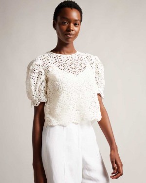 White Ted Baker Ambya Crochet Knit Puff Sleeve Top | US0000979