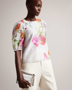 White Ted Baker Ayymee Boxy Cropped Top with Puff Sleeve | US0001003