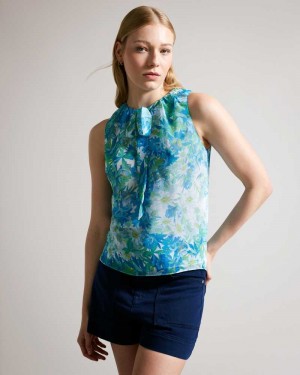 White Ted Baker Chalote Sleeveless Floral Top With Tie Detail | US0000942