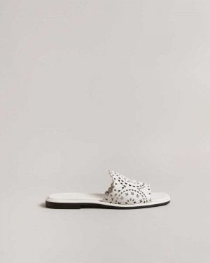 White Ted Baker Clovei Laser Cut Flat Sandals | US0002153