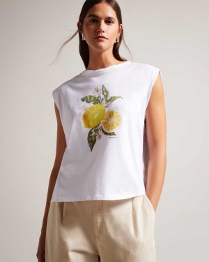 White Ted Baker Dieanaa Sleeveless Lemon Graphic Top | US0000971