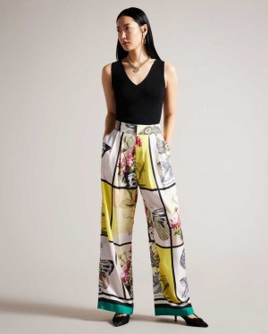 White Ted Baker Embelae Wide Leg Botanical Patchwork Trousers | US0001154