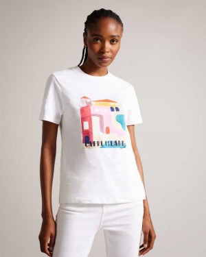 White Ted Baker Esmayy Capri Island Graphic T-Shirt | US0000879