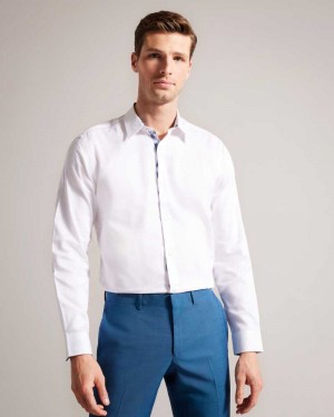 White Ted Baker Fherls Herringbone Long Sleeve Cotton Shirt | US0000647