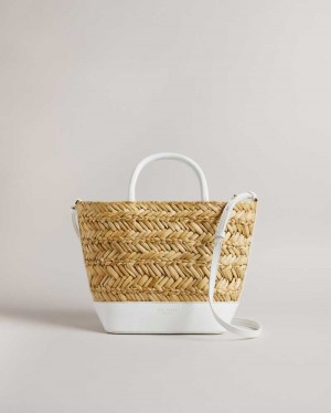 White Ted Baker Ivelie Medium Raffia Basket Weave Tote Bag | US0001316