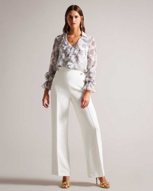 White Ted Baker Llaylat Embossed Button Wide Leg Trousers | US0001111