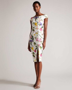 White Ted Baker Loveina Floral Bardot Bodycon Dresses | US0000084