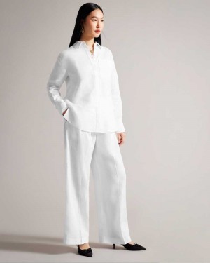 White Ted Baker Lucihh Tailored Linen Wide Leg Trousers | US0001099