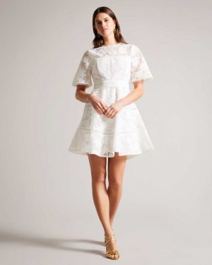 White Ted Baker Lydiiha Mini Fit And Flare Lace Dresses | US0000050