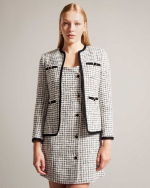 White Ted Baker Lyrra Dogtooth Boucle Collarless Jacket | US0000784