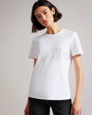 White Ted Baker Malom Branded Foil Cotton T-Shirt | US0000902