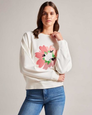 White Ted Baker Marene Textured Flower Graphic Jumper | US0000415