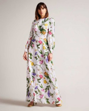 White Ted Baker Marggoh Blouson Sleeve Floral Maxi Dresses | US0000135