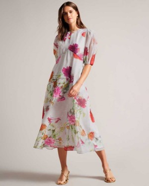 White Ted Baker Mekayla Empire Line Midi Dresses With Puff Sleeve | US0000015